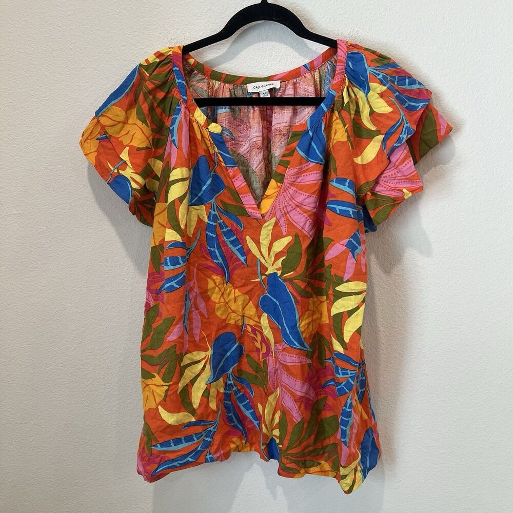 Calligraphie Anthropologie Red Floral Linen Blend Short sleeve Retro Blouse XL